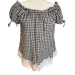 Crave Fame Checkered Off-Shoulder Top with Lace Trim Women's Size Large
